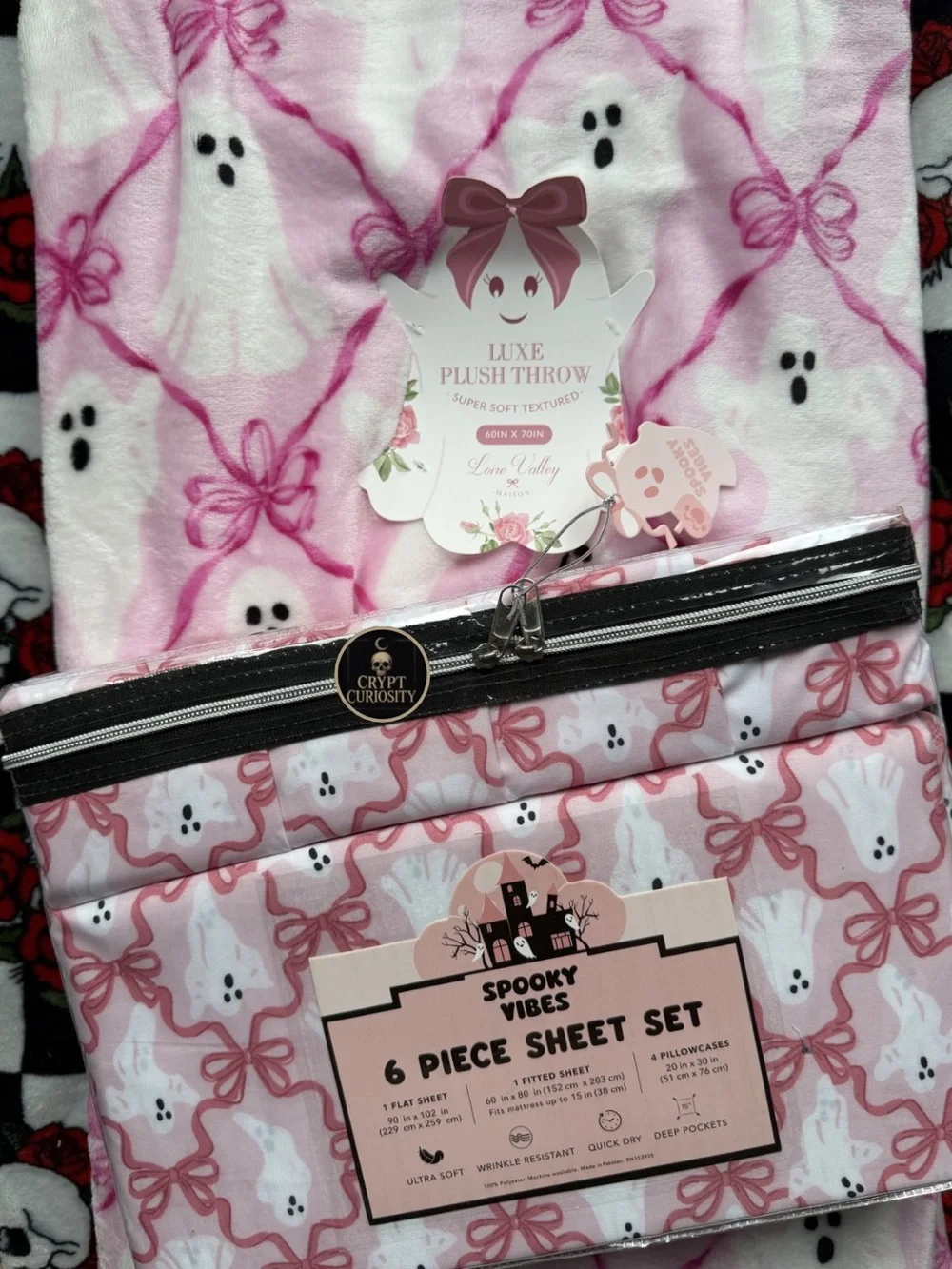 BRAND NEW HALLOWEEN COQUETTE PINK GHOST & BOWS QUEEN BED SHEET & PLUSH BLANKET